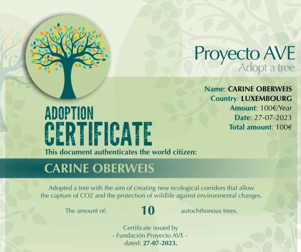 Certificado de adopción de árboles de Proyecto AVE